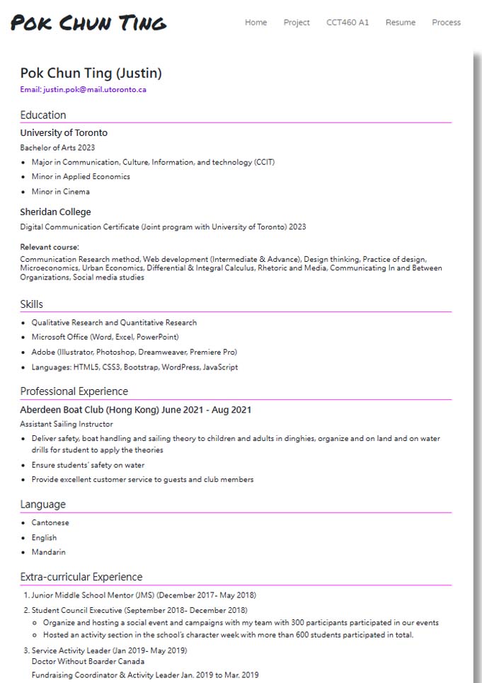 CCT460 Portfolio Resume Page